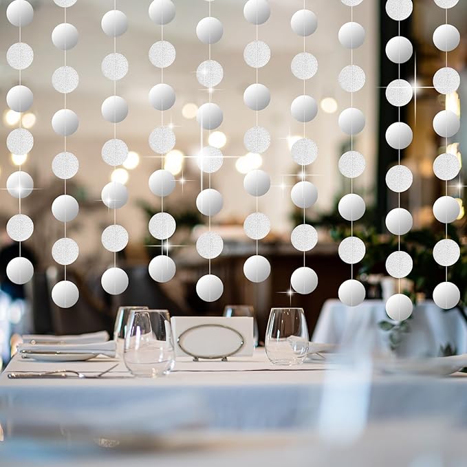 5 Pcs Silver Garland Glitter Silver Circle Dots Garland, PLULON 65 Ft Hanging Paper Polka Dot Streamer Backdrop Banner for Christma Party Decor Birthday Baby Shower Wedding Classroom Stitch