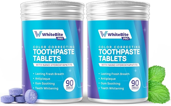 Whitebite Pro Color Correcting Toothpaste Tablets with Nano Hydroxyapatite | Fresh Breath & Natural Whitening | Travel-Friendly Toothpaste & Mouthwash | Fluoride and Plastic-Free (Peppermint, 2PK)