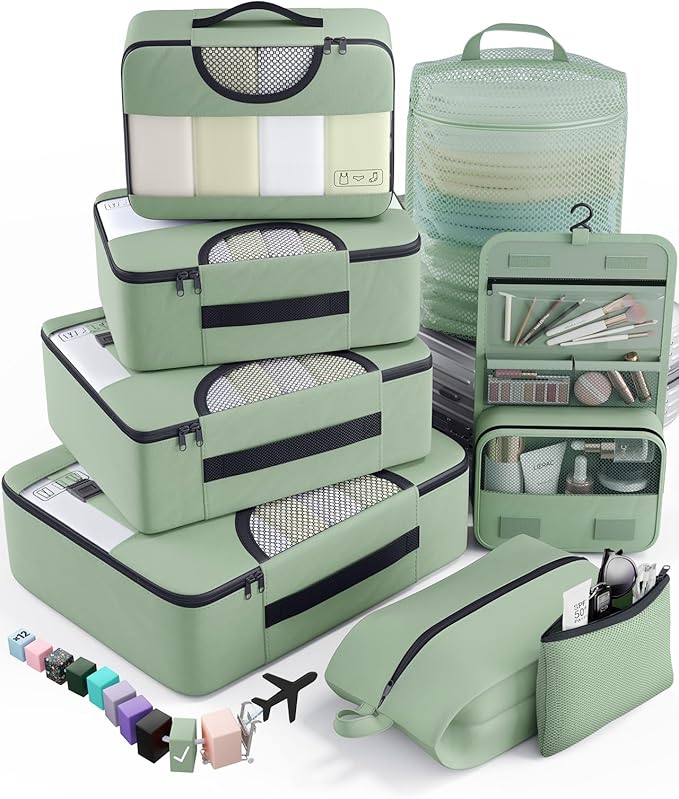 Veken 8 Set Packing Cubes for Travel Essentials, Suitcase Organizer Bags in 4 Sizes, Carry-On Luggage Accessories with Large Laundry Bag & Passport Holder, Must-Have for Airplane, Road Trip & Camping