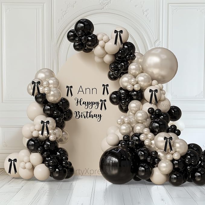 Black and White Champagne Bow Balloon Arch Kit Double-stuffed Pearl Beige Cream Balloons for 2025 Graduation, Prom, Martini Birthday,Bridal Shower, Wedding,Coquette Bride Party Decorations