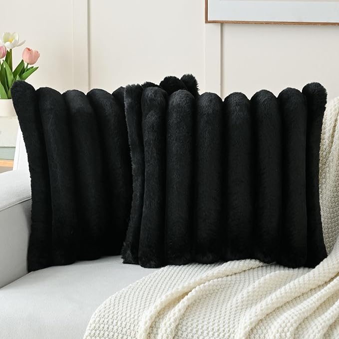 FUTEI Black Decorative Throw Pillow Covers 20x20 Inch Set of 2, Square Soft Faux Rabbit Fur Thick Striped Cushion Cover,Winter Home Decor for Couch Bed Living Room