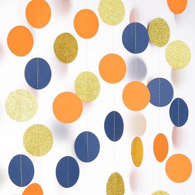 Circle String Decorations Paper Garlands Party Streamers, 30 Feet (Gold Glitter, Orange, Blue)