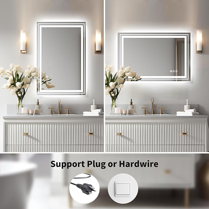 WTTY LED Bathroom Mirror, 24 x 32 with Backlit and Front Light,Stepless Dimmable LED Mirror for Bathroom,Anti-Fog Lighted Bathroom Vanity Mirror Modern for Wall,Memory Function,Shatter-Proof