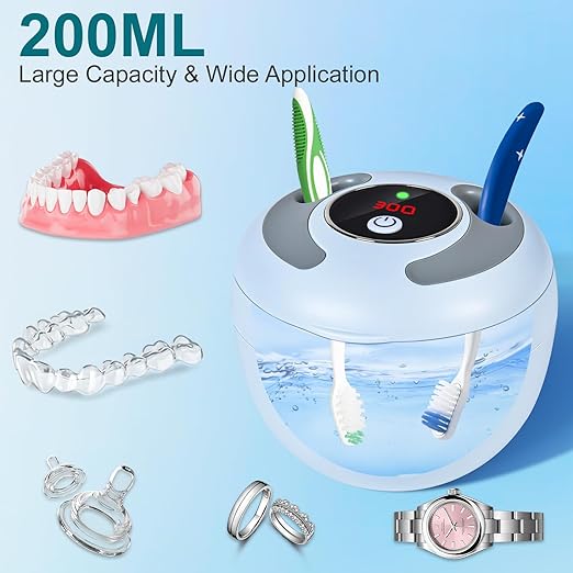 Ultrasonic Retainer Cleaner, Retainer Cleaner Machine Denture Cleaning Pod for Mouth Guards|Aligners|Braces|Toothbrush Heads|Jewelry, 45kHz with Digital Timer