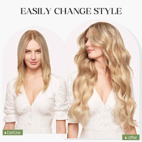 Charites Halo Hair Extensions Real Human Hair Invisible Wire Extensions with Transparent Fish Line Adjustable Size Golden Brown & Bleach Blonde 18 inch