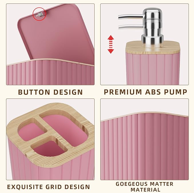 Bathroom Accessories Set - 25PC Pink Bathroom Set, Bathroom Set with Shower Curtain and Rugs, Pink Shower Curtain Set, Toilet Brush, Bathroom Trash Can