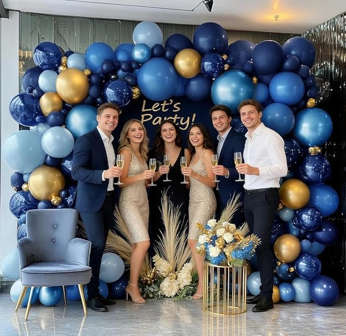 Navy Blue Gold Balloon Arch Kit - Double Stuffed Royal Dusty Blue Gold Balloon Garland Latex Pastel Dark Different Sizes for Graduation Birthday Wedding Baby Shower Anniversary Father's Day Decor