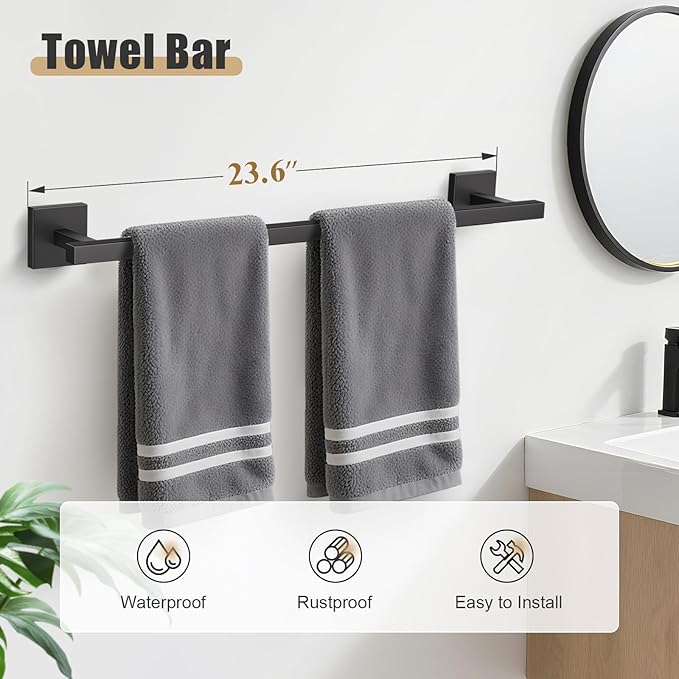 YACVCL 5-Pieces Matte Black Bathroom Hardware Accessories Set 23.6 Inch Towel Bar Set Upgraded Toilet Paper Holder with Shelf Stainless Steel Wall-Mounted Bathroom Hardware Set