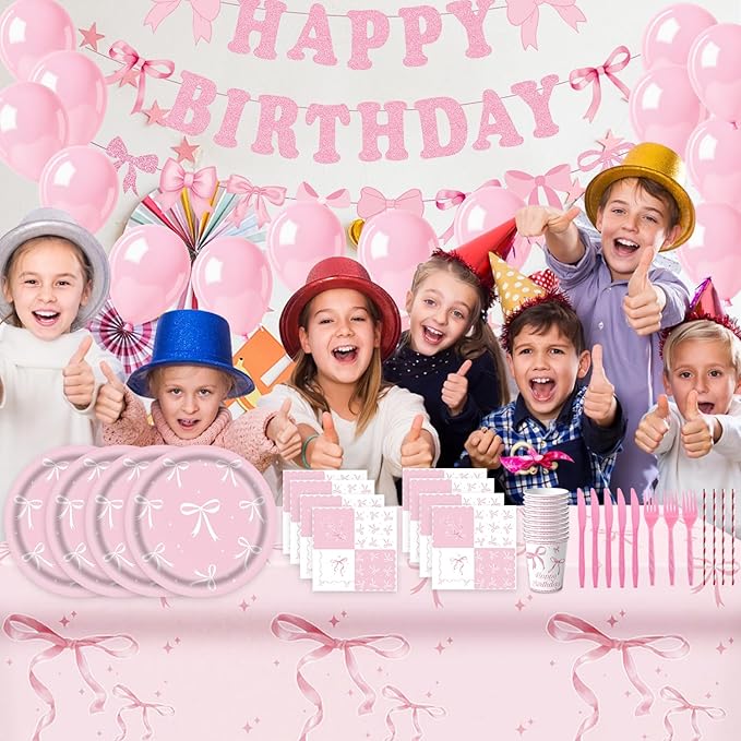 Pink Bow Party Supplies Tableware Sets,Includes Disposable Plates, Napkins, Cups,Straws,Cutlery, Balloons, Banner, and Tablecloth for Party Baby Shower Birthday Decorations,Serves 20