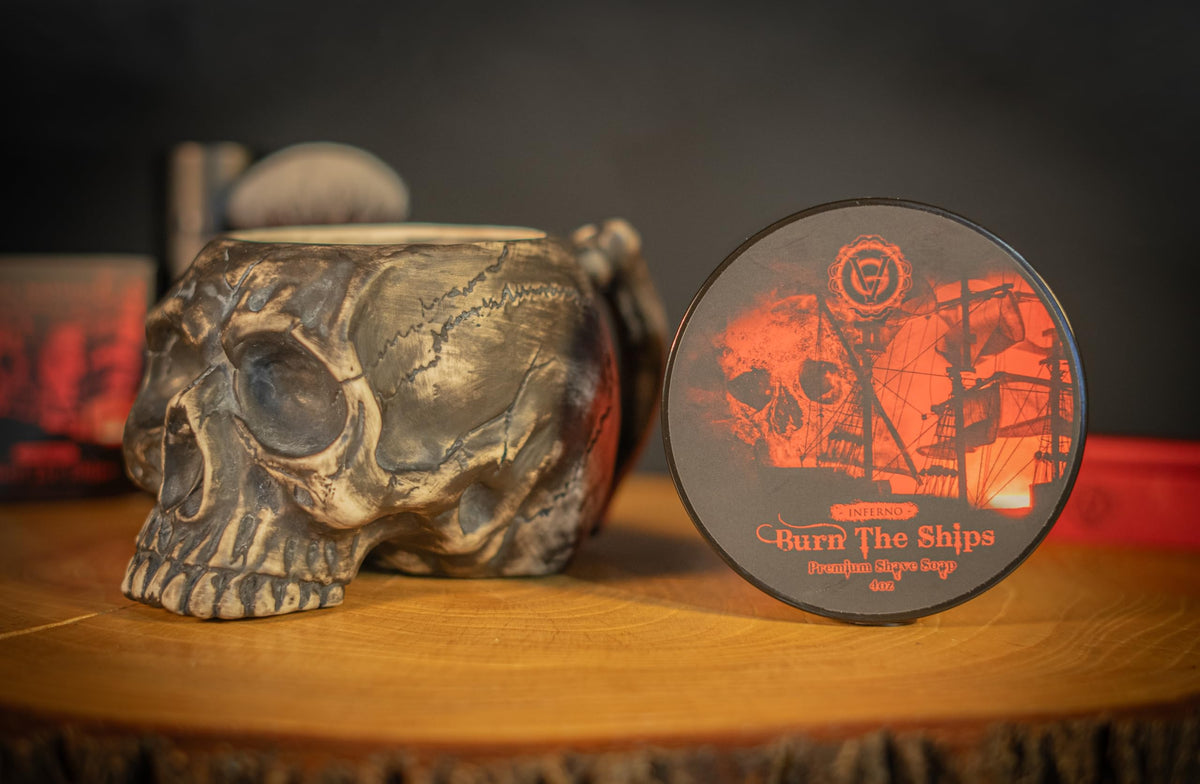 Burn The Ships Shaving Kit | Ceramic Skull Shave Bowl & Cream | Wet Razor Lather Mug | Hot Scuttle for Traditional Grooming | Shaving Soap Gift Set | Barber Accessories for Men