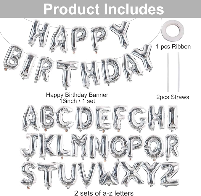 TONIFUL 65 Pcs 16 Inch Silver Happy Birthday Balloons and 2 Sets A-Z Foil Letters Balloons DIY Personalized Phrase Banner for Thanksgiving Christmas Birthday Celebration Halloween Party Decorations