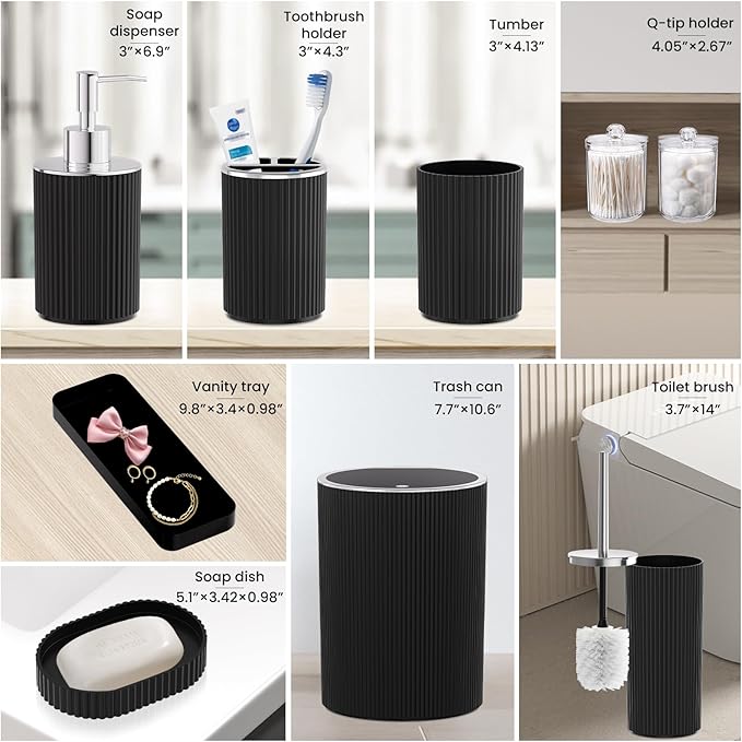 Black Bathroom Accessories Set, 10PC Bathroom Set, Bath Accessory with Pop Up Trash Can, Soap Dispenser, Toilet Brush, Toothbrush Set Qtip Holders & Tray