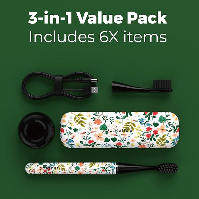 MIPOW Brush GO SlimPro i4 Electric Toothbrush Rechargeable Smart Ultra Sonic 3 Modes, Travel Case & Ceramic Dock, 60Day Battery Soft Bristles 2 Heads IPX7 Waterproof, Color-FloraBloom Edition