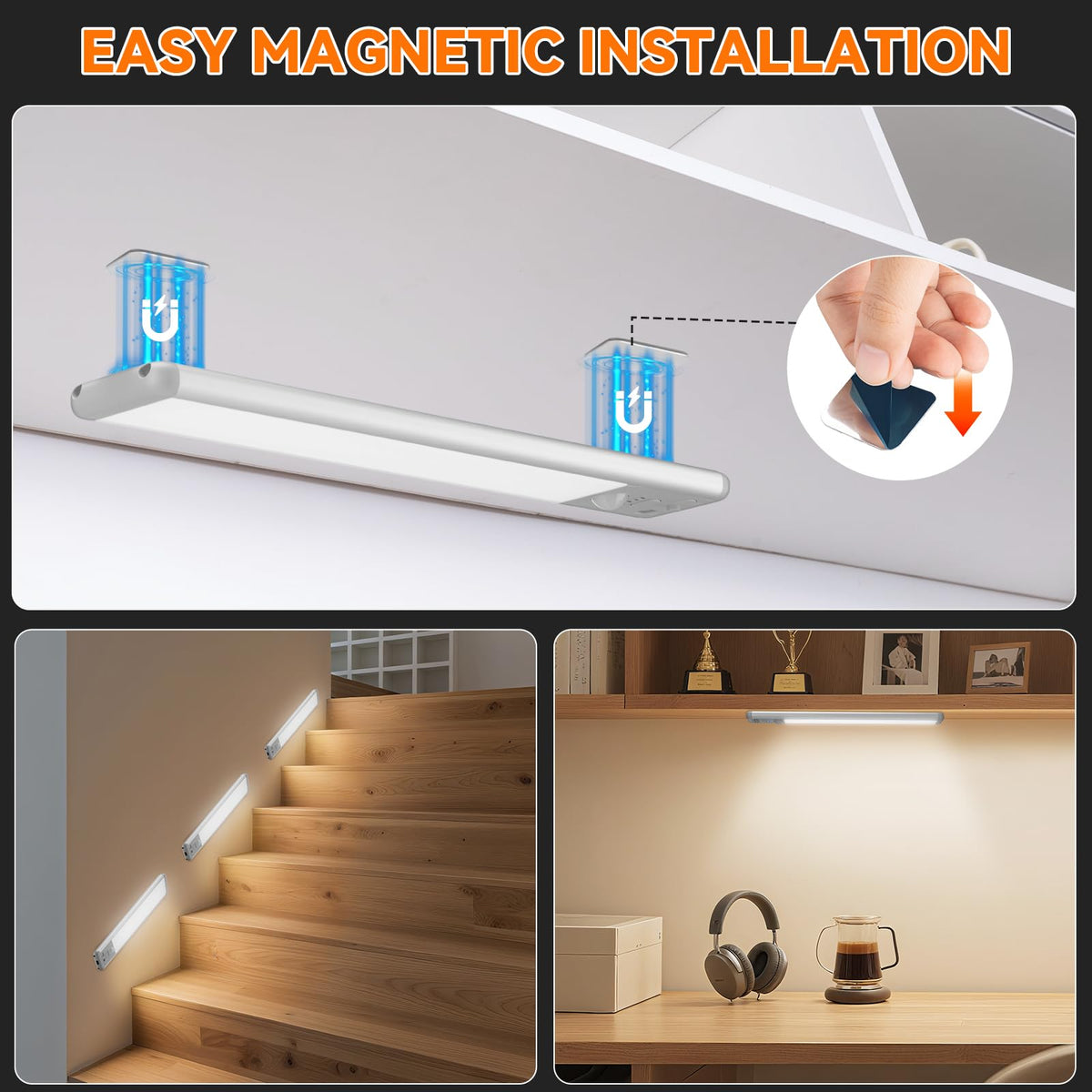 Under Cabinet Lighting Wireless, Rechargeable 10inch Motion Sensor Light Indoor, 3 Color Closet Light Battery Operated with LED Power Display, Magnetic Under Counter Lights for Kitchen, Home (3Pack)