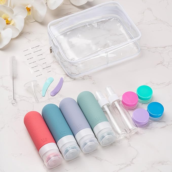 16pack Travel Bottles for Toiletries, TSA Approved LeakProof Squeezable Silicone Toiletry Containers for Shampoo, Conditioner, 3oz Portable Refillable Travel Size Liquid Containers (16Pcs/Warm Color）