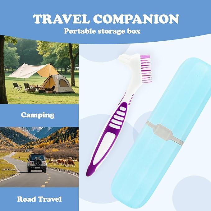 4 Pcs Denture Cleaning Brush and 1 Pcs Storage Case, Portable Denture Toothbrush, Retainer Brush with, Double Sided Toothbrush (4 Colors and Blue)