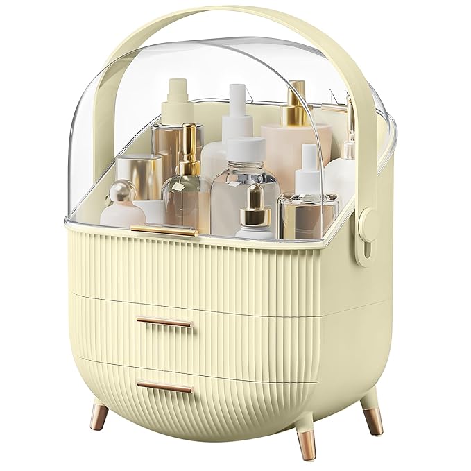Makeup Organizers, Make Up Organizer for Vanity, Countertop Cosmetic Storage with Drawers and Transparent Cover for Bedroom Bathroom, Maize-yellow