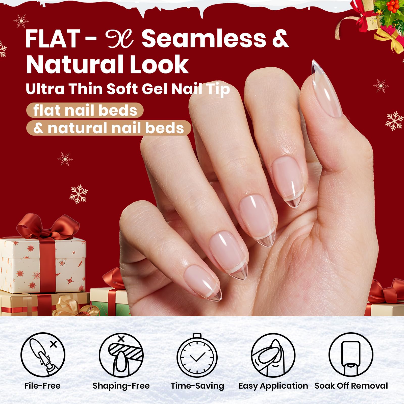 Beetles Gel Nail Kit Flat-X, Almond Short, 320pcs 16 Sizes, with 15g Hands-free Solid Nail Glue Gel, Mini Lamp, Christmas Limited Set, Pre-Etched Half Matte Nail Extension Set for Home DIY