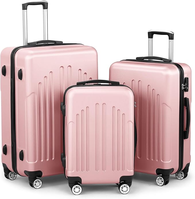 Karl home Luggage Sets 3 Piece, ABS Hardside Suitcase Set with Double Spinner Wheels & TSA Lock for Travel Business, 3-Piece Set (20/24/28), Light Pink