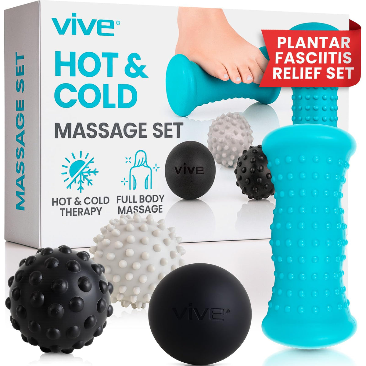 Vive Massage Ball Set (4 Piece) - Plantar Fasciitis Relief Foot Pain Hot Cold Therapy - Heel Spur, Sore Muscle, Trigger Point, Back, Arm, Neck, Shoulder, Leg Circulation Roller