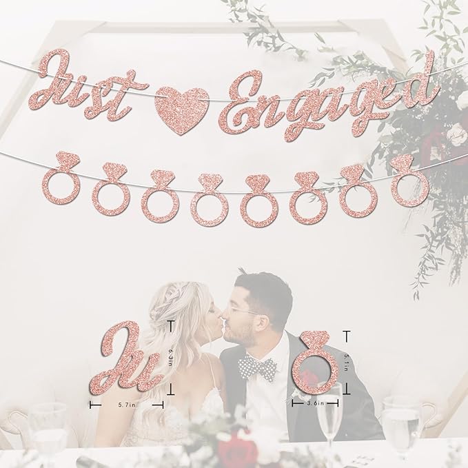 Just Engaged Banner, No DIY, Glitter Rose Gold Engagement Party Decorations and Diamond Ring Banner Sign for Bridal Shower Wedding Shower Bachelorette Party Decorations.