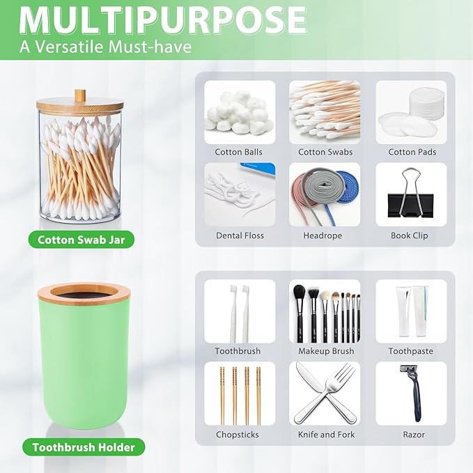 iMucci Bathroom Accessories Set 5Piece Green Bathroom Sets, Toothbrush Holder, Toothbrush Cup, Soap Dispenser, Soap Dish and Qtip Holder Bathroom Decor