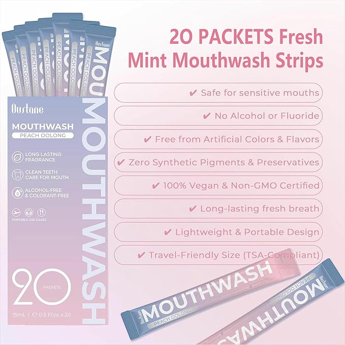 Travel Size Mouthwash, Peach Oolong Flavor, Alcohol-Free, 20-Pack Portable Packets, 0.5 Fl Oz Each, Long-Lasting Freshness (20)