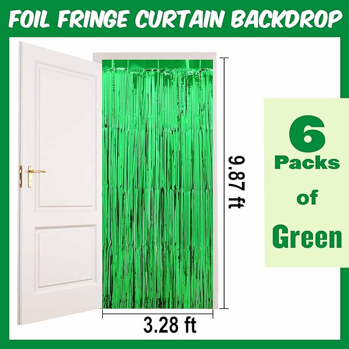 6 Pack Green Foil Fringe Curtains Backdrop, 3.28 x 9.8 Ft Metallic Streamers Tinsel Curtains Background for Photo Booth, Birthday, Halloween, Christmas, Thanksgiving, New Year Party Decorations