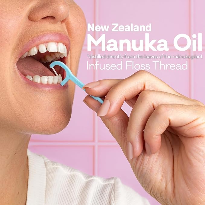 Grin Tooth Picks Flossers for Adults – Manuka Oil Infused Dental Floss Picks for Teeth Cleaning - Natural Mint Flavor - 100% Recycled Plastic Handle - 80 Count Canister (Pack of 3)