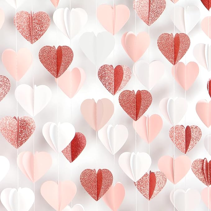 Rose-Gold Pink White Galentines-Decorations Heart Garland - 39Ft 3D Valentines Day Party Hanging Paper Streamers Banner,Engagement Wedding Bachelorette Baby Bridal Shower Mothers Decor Ouruola