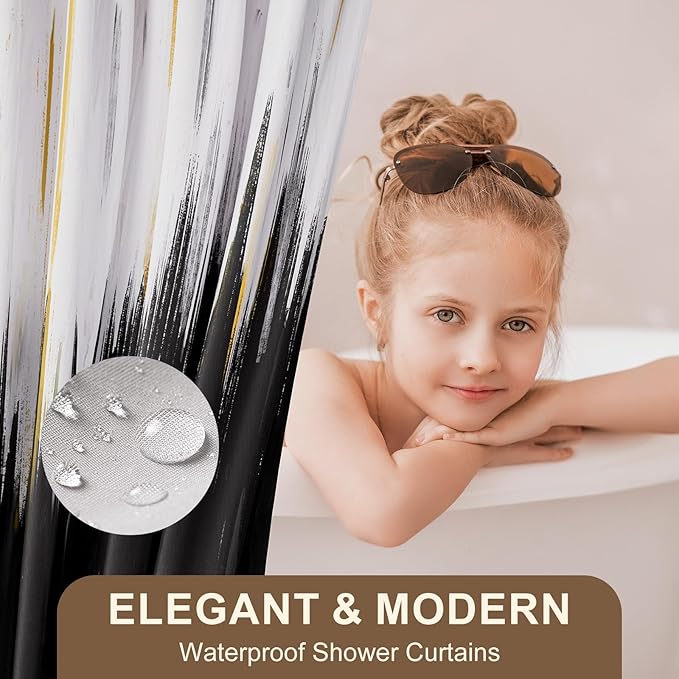 Black Bathroom Accessories Set - 24PCS Bathroom Sets with Shower Curtain and Rugs,Waterproof Black and White Shower Curtain Set, Toilet Brush, Trash Can & Soap Dispenser