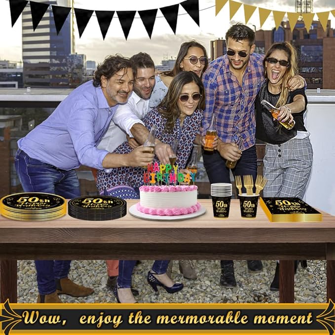120Pcs 50th Birthday Party Supplies Plates Napkins Cups Forks Tableware Set Gold Black Happy 50th Birthday Themed Disposable Tableware Decoration Serves 24 Guests for Women and Men