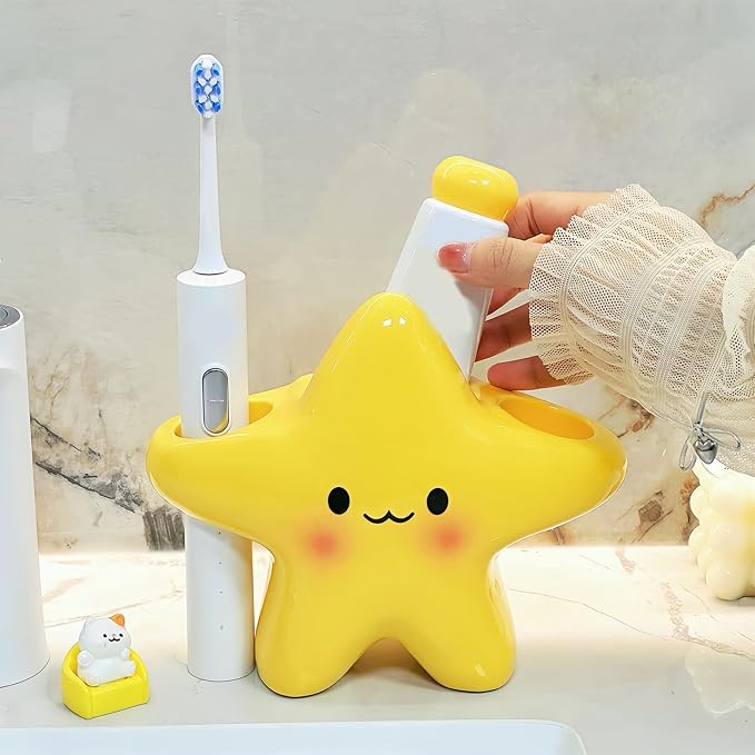 Adjustable Toothbrush Storage Rack with Detachable Cloud Tray Bathroom Countertop Toothpaste Holder Organizers