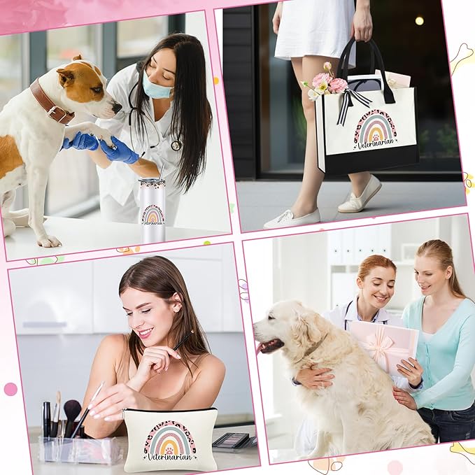 Geiserailie 8 Pcs Vet Tech Gifts for Women Including Large Veterinarian Tote Bag Cosmetic Bags Tumbler Cup Plush Socks Metal Keychain Card and Envelope for Veterinary Graduate Thank You Gift