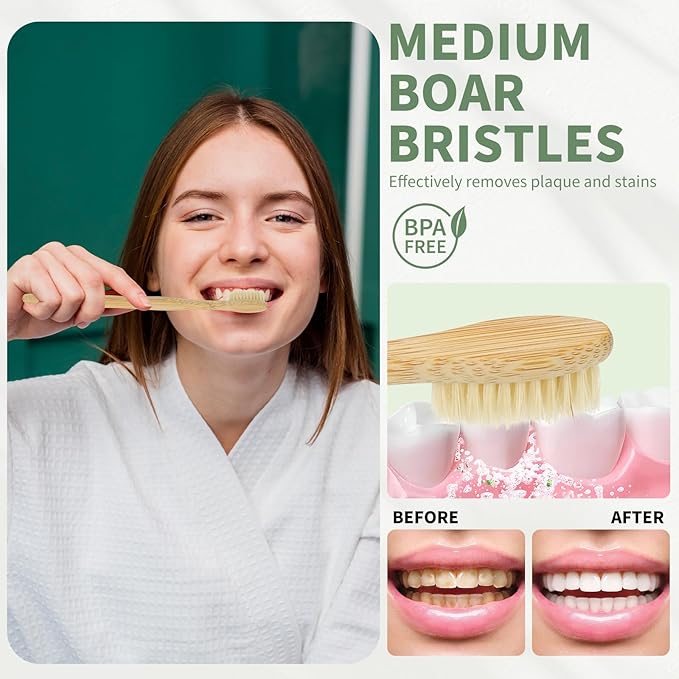 12 Pack Bamboo Toothbrushes - Natural Boar Bristle Toothbrush for Gum Health & Teeth Whitening, Wooden Organic Toothbrushes for Adults (Plastic Free)