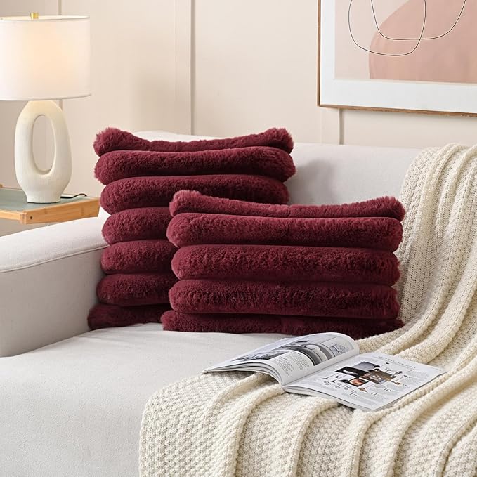 FUTEI Christmas Burgundy Decorative Throw Pillow Covers 24x24 Inch Set of 2, Square Soft Faux Rabbit Fur Thick Striped European Cushion Covers,Winter Home Decor for Couch Bed Living Room