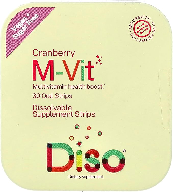 DISO - M-VIT - Fast-Dissolving Multivitamin Oral Strips, Cranberry Flavor, Vegan, Sugar Free, Gluten Free, Individually Wrapped, Maximum Absortption, 30 Dissolvable Strips