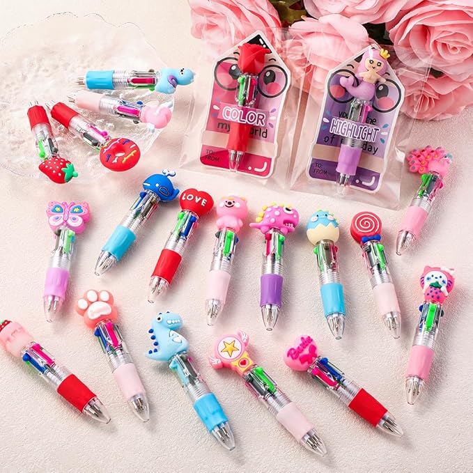 30 Pack Valentines Fun Pens with Cards 0.7mm Cute Animal Multicolor Ballpoint Pens Retractable 4 Colors in One Valentines Stationery Party Favors School Supplies Students Rewards