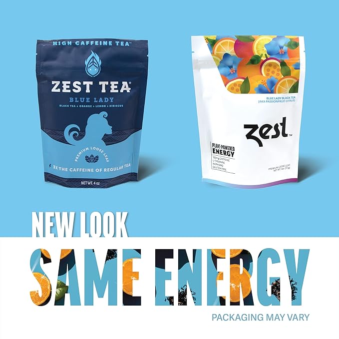Zest 150mg High Caffeine Energy Loose Leaf Blend - Blue Lady Black Tea - 4 Oz - Hot or Iced - All Natural Strong Flavored Healthy Coffee Alternative Highly Caffeinated Substitute - Perfect for Keto
