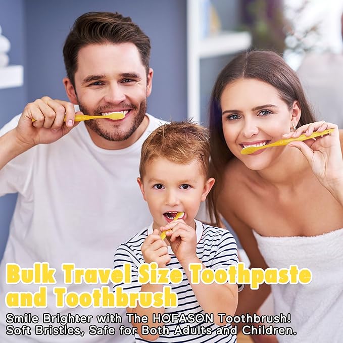 HOFASON Disposable Toothbrushes with Toothpaste Pack of 300, Yellow Hollow Travel Toothbrush Set with 5g Bulk Toothpaste Individually Wrapped for Homeless, Nursing Home, Shelter, Hotel