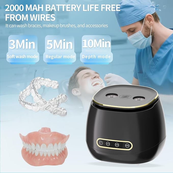 Ultrasonic Retainer Cleaner 48kHz Ultrasonic Cleaner Dental Ultrasonic Retainer Cleaner Machine Dental Cleaning Pod for Denture with Digital Timer, Dual Cleaning Mode for All Dental Appliances (Black)
