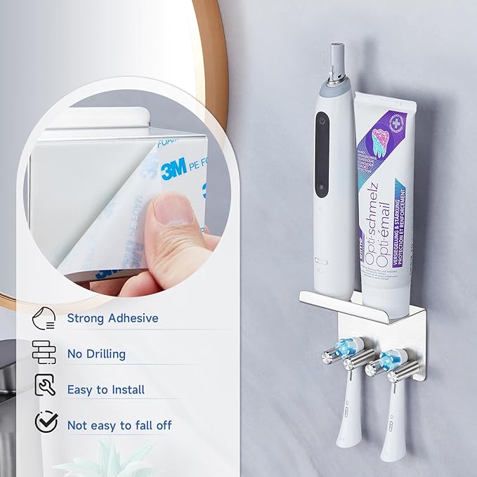 Toothbrush Holder Wall Mounted for Bathrooms, Stainless Steel Electric Toothbrush Head Holder, Self Adhesive Toothbrush and Toothpaste Organizer, Wall Tooth Brushing Razor Holder for Shower