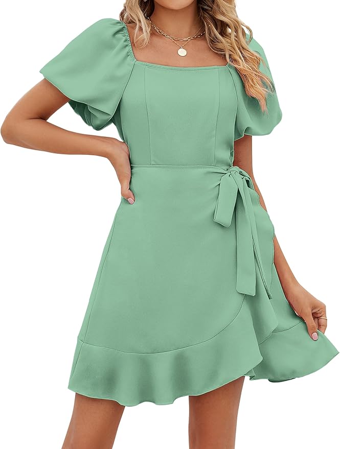 Sampeel Womens Summer Dresses Square Neck Puff Sleeve Tie Waist Short Dress