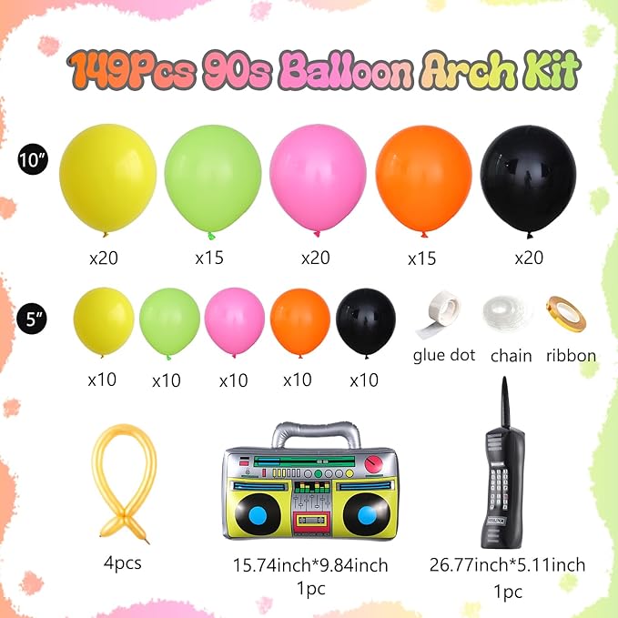 80s 90s Disco Party Decorations, 149Pcs Colorful Balloon Garland Kit Hot Pink Orange Green Balloons with Radio Retro Mobile Phone Balloons for Back to the 80s 90s Hip Hop Music Birthday Supplies
