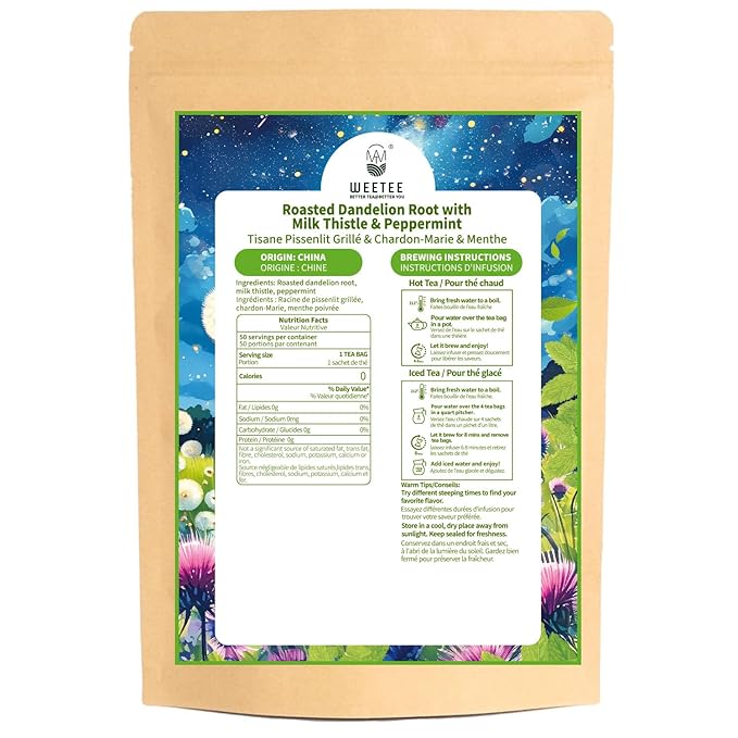 WT WEETEE Roasted Dandelion Root Tea with Milk Thistle and Peppermint, 50 Natural Caffeine-free Herbal Tea Bags for Liver Cleanse