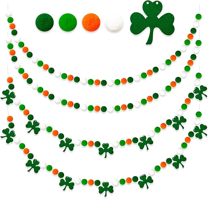 4 Pack 26.3 Feet St Patricks Day Shamrock Decorations Pom Pom Garland, Green White Orange 30 Balls St. Patrick's Day Felt Garlands for Irish Holiday Party Festivals Room Hanging Decorations