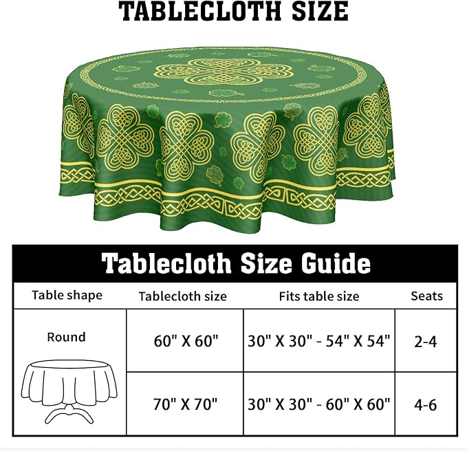 St. Patrick's Day Round Tablecloth 70 Inch Leaf Clover Pattern Circle Table Cloth Green Table Cover Washable Polyester Indoor Decorations for Home Kitchen Dinning Party