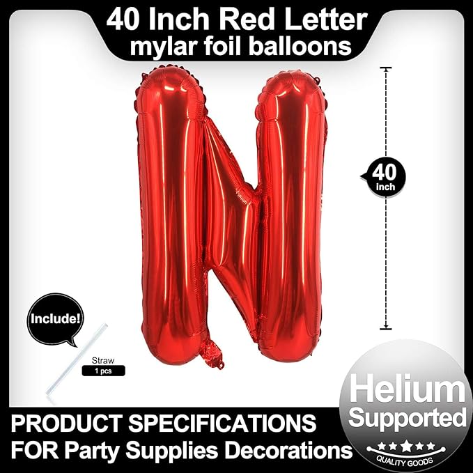 40 Inch Red Letter N Balloons, DIY Phrase Foil Alphabet Letter N Balloons DIY Word N Banner for Birthday Anniversary Celebration Graduation Party Supplies Decoration