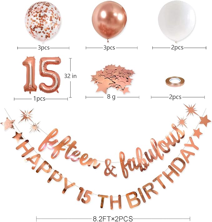 Fifteen & Fabulous Rose Gold 15th Birthday Banner, Garland, Foil Balloon, Decorations, Hanging, Cheers to 15 Years Old Party Supplies Backdrop