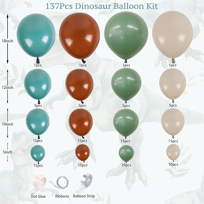 137Pcs Dinosaur Balloon Arch Garland Kit, Jurassic Themed Birthday Decorations with Green Blue Brown White Balloons, for Jungle Theme Party, Dino Balloon for Kids